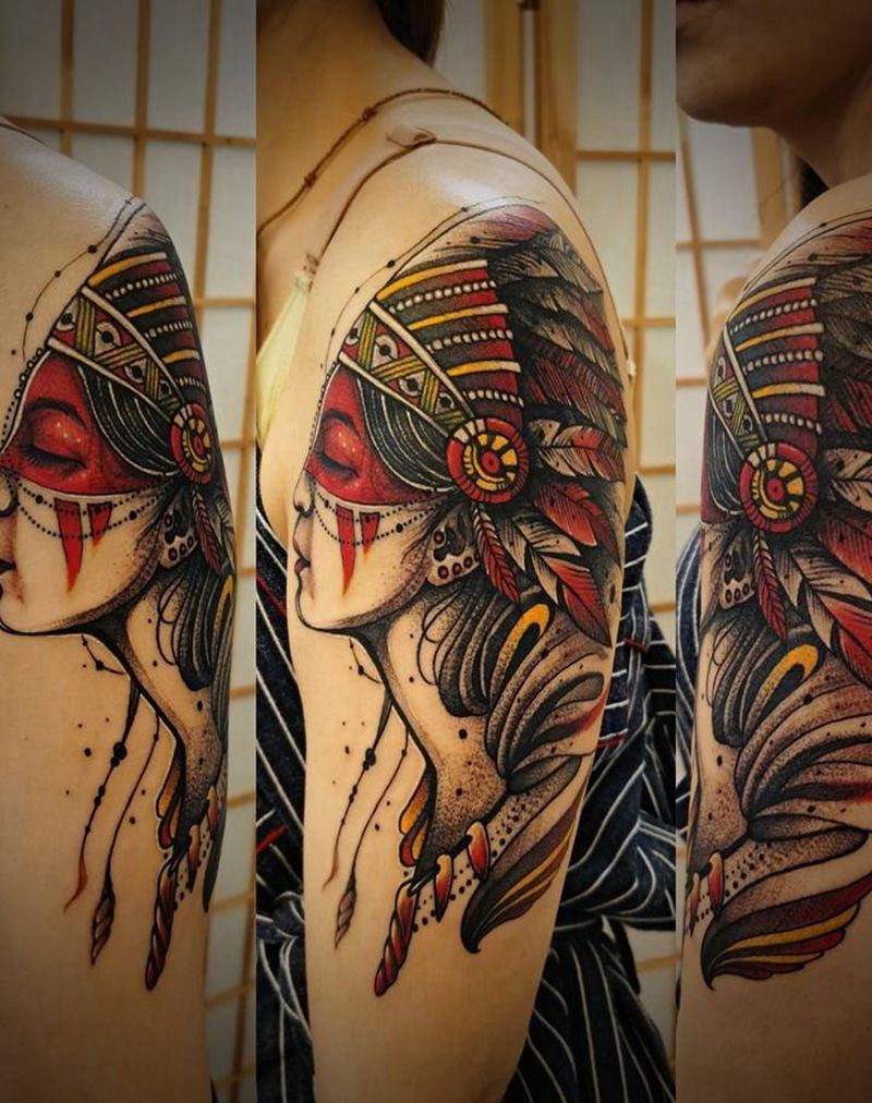 印第安少女纹身图片_手臂Old School点刺纹身图案