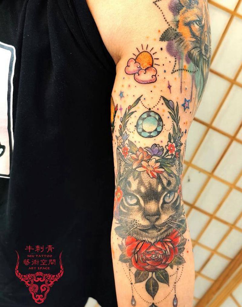 school 半臂纹身图片_手臂水彩New School纹身图案