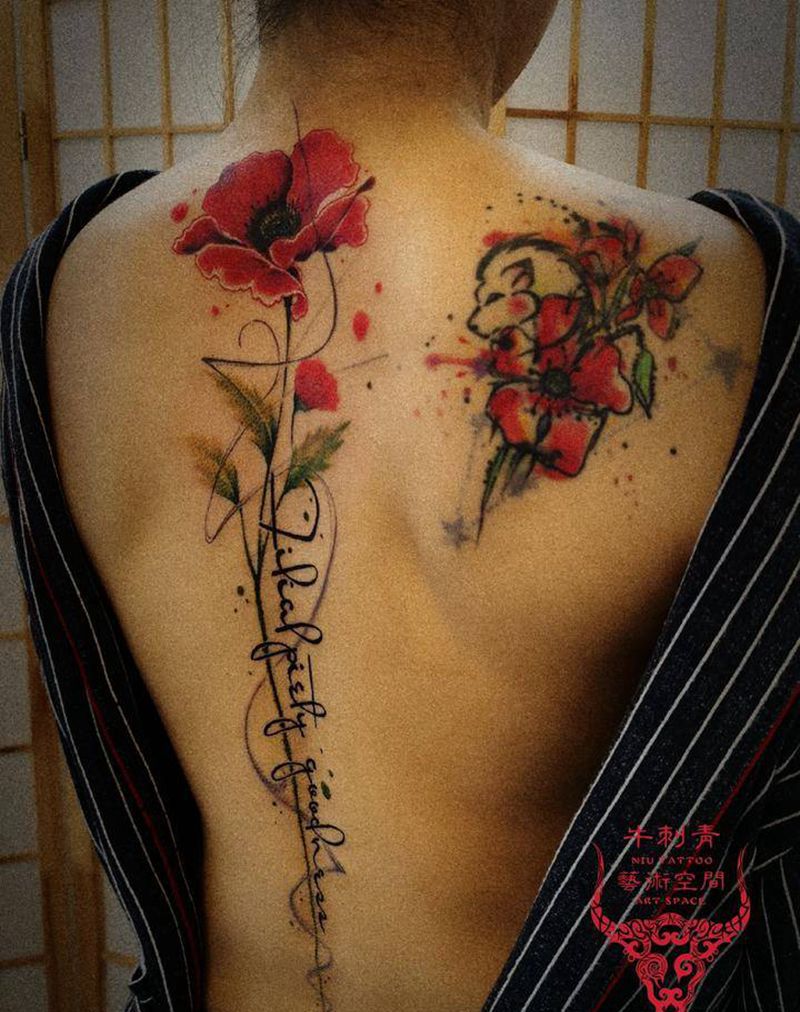 罂粟花纹身图片_背部水彩纹身图案