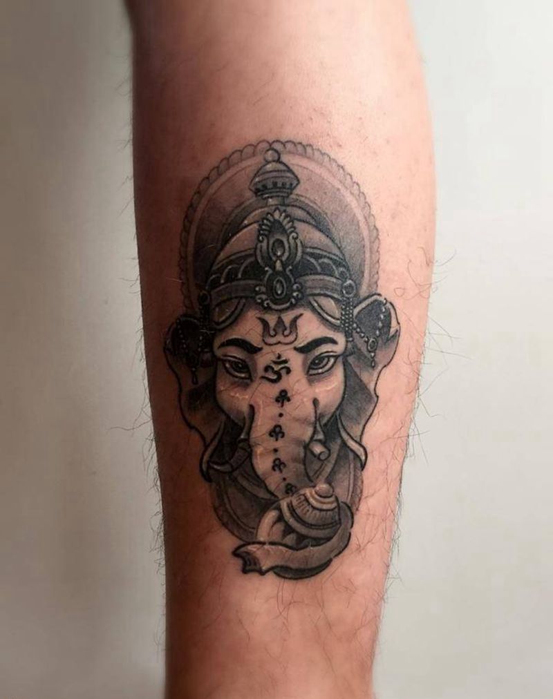 小象神纹身图片_成品腿部传统清新鬼神纹身图案