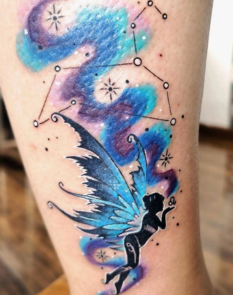 狮子座的小精灵纹身图片_腿部New School纹身图案