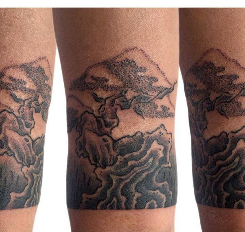 怪石松柏纹身图片_成品手臂传统清新植物原创纹身图案