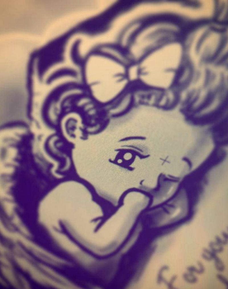 小天使纹身图片_手稿肩部胸部背部手臂腿部欧美清新写实原创纹身图案