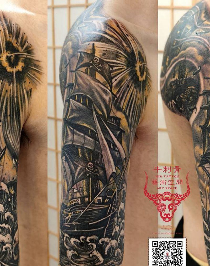 遮盖旧图纹身图片_肩部手臂欧美写实纹身图案