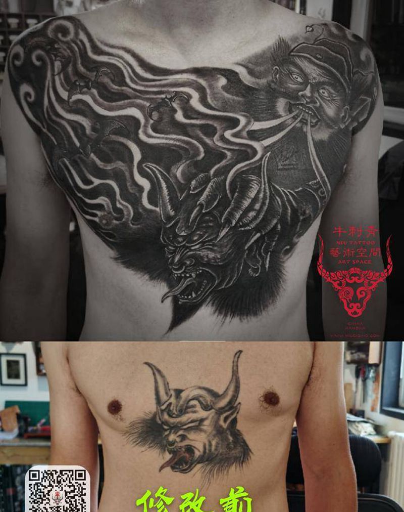 钟馗捉鬼纹身图片_胸部新传统纹身图案