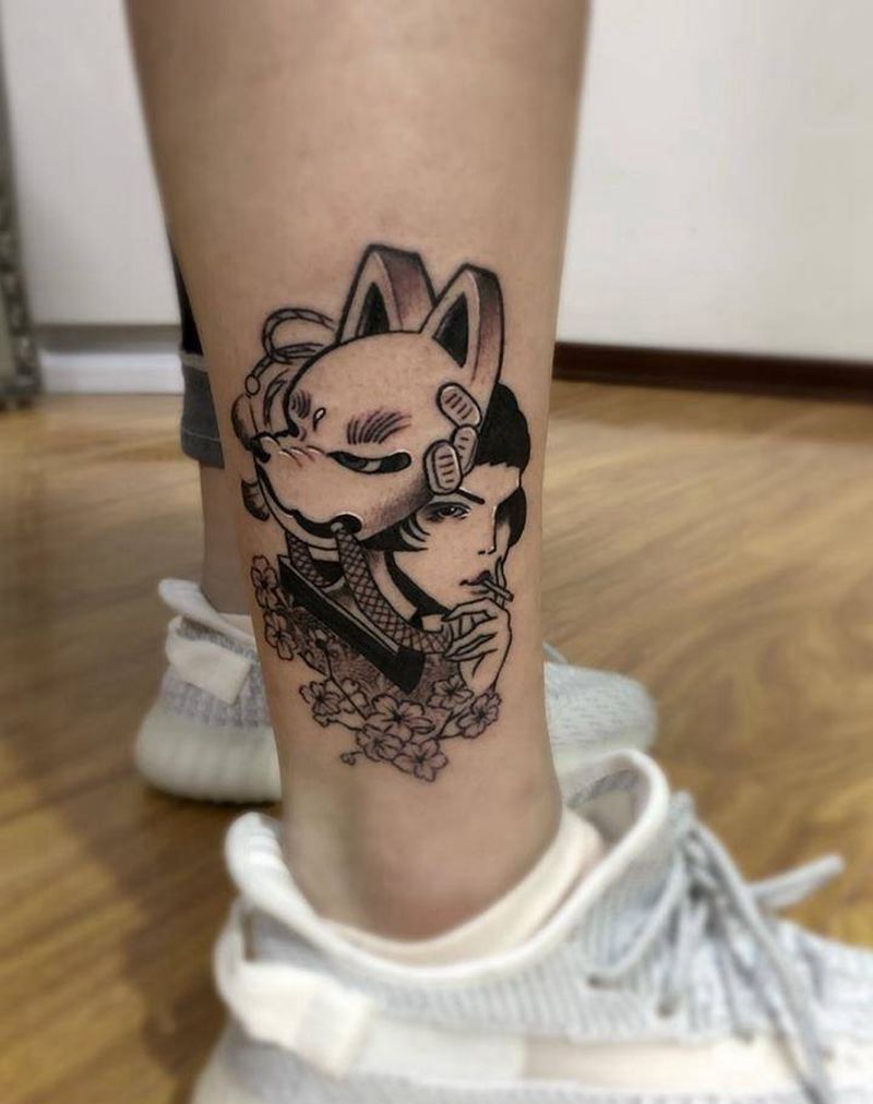 艺妓纹身图片_腿部老传统纹身图案