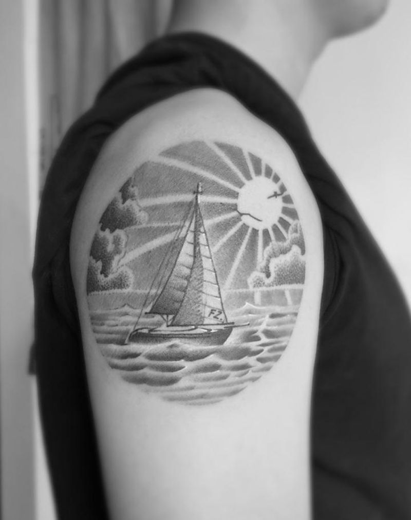 帆船纹身图片_手臂New School纹身图案