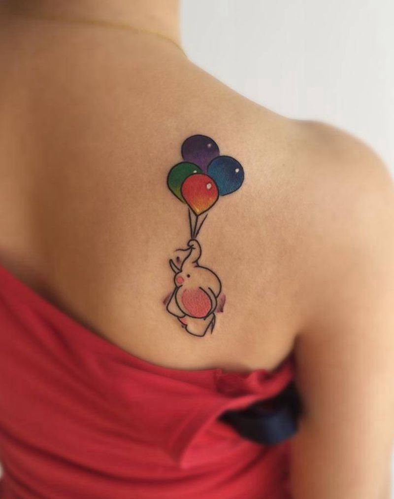 小象、气球纹身图片_成品背部清新动物静物纹身图案