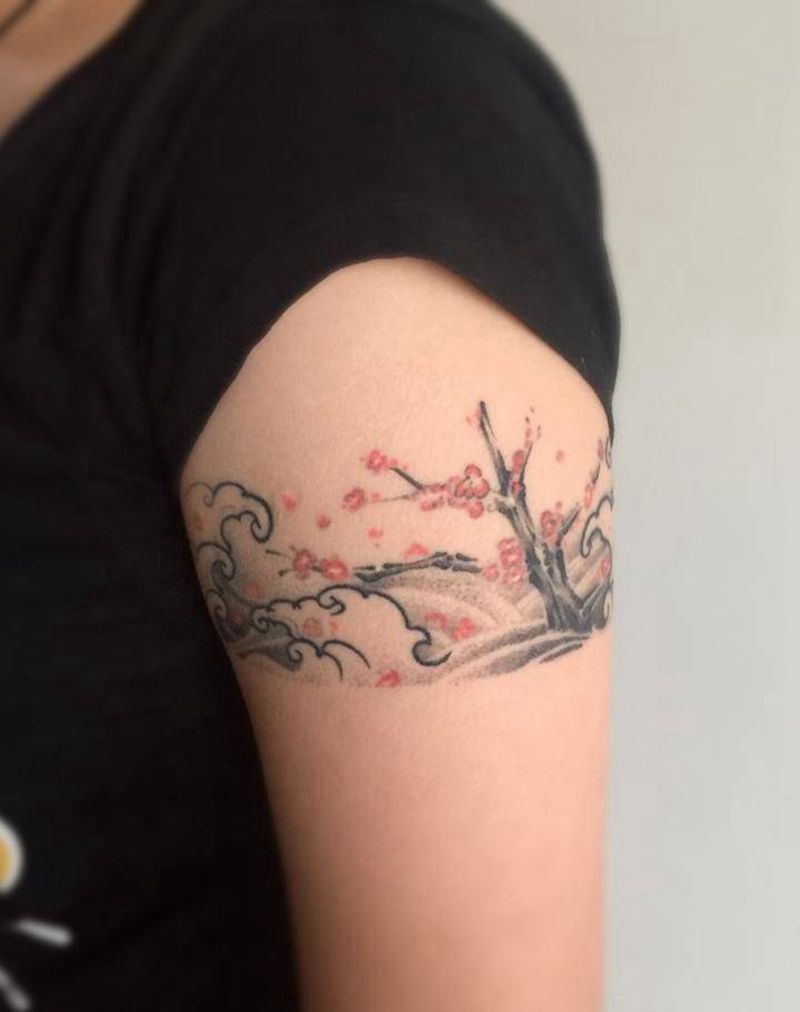 海浪桃花纹身图片_成品手臂传统清新植物原创纹身图案