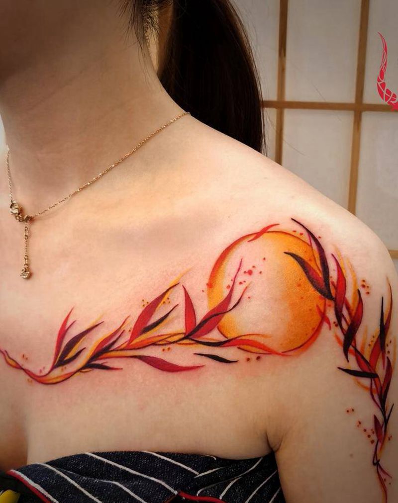 叶子纹身图片_肩部胸部水彩纹身图案
