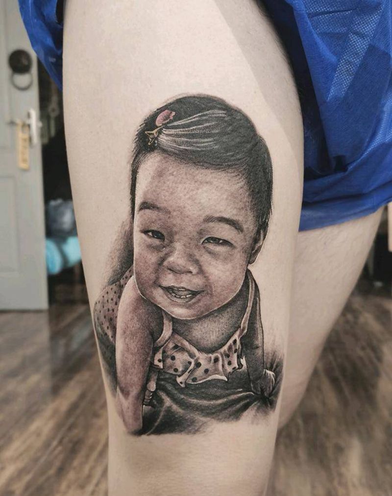 素描肖像纹身图片_腿部欧美写实纹身图案