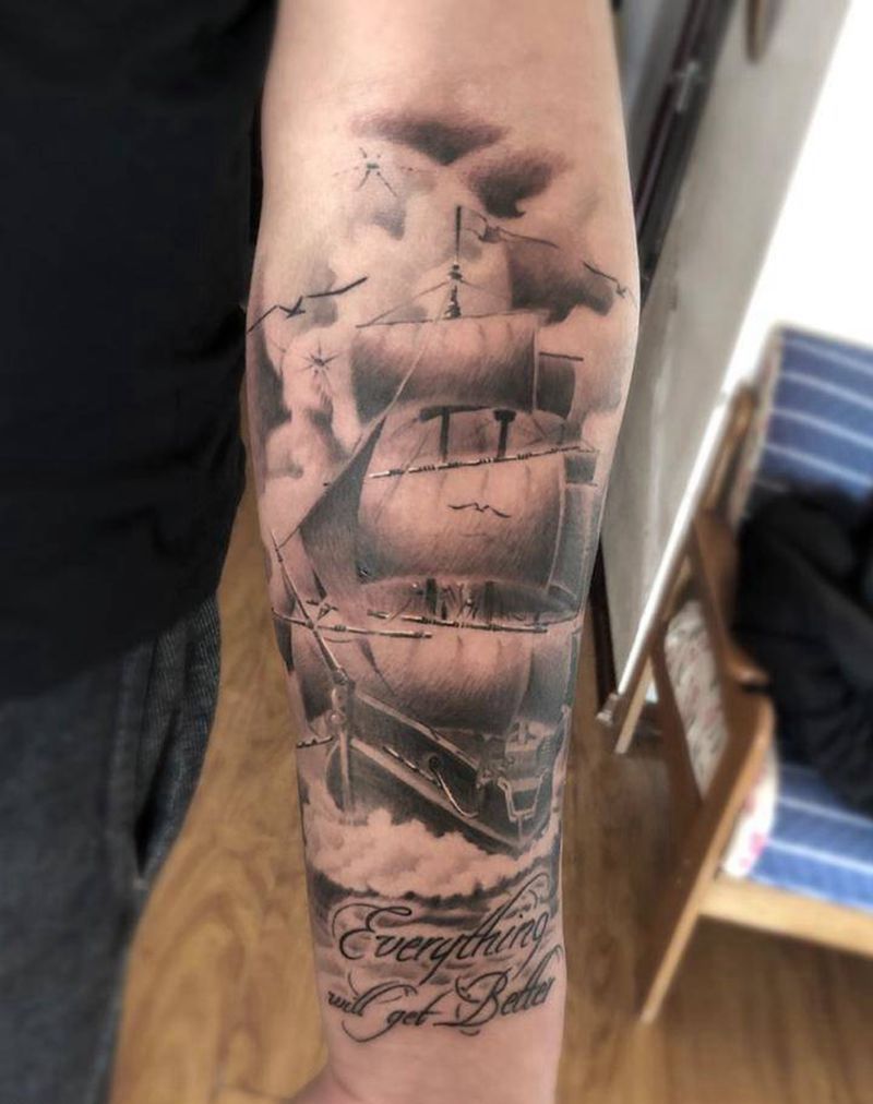 ⛵️帆船纹身图片_手臂欧美写实纹身图案
