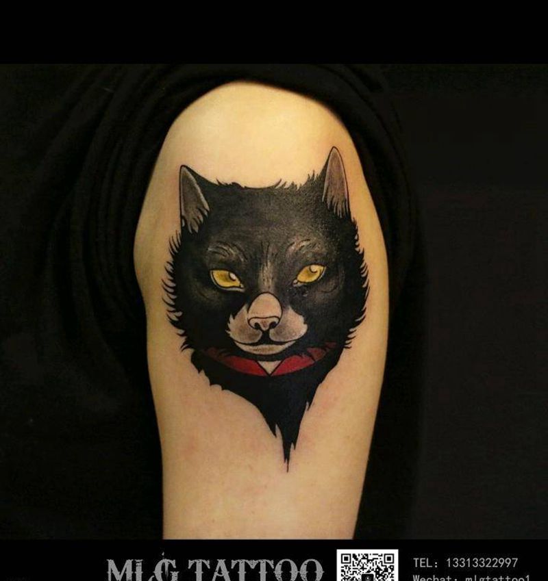 暗黑猫咪纹身图片_手臂New School纹身图案