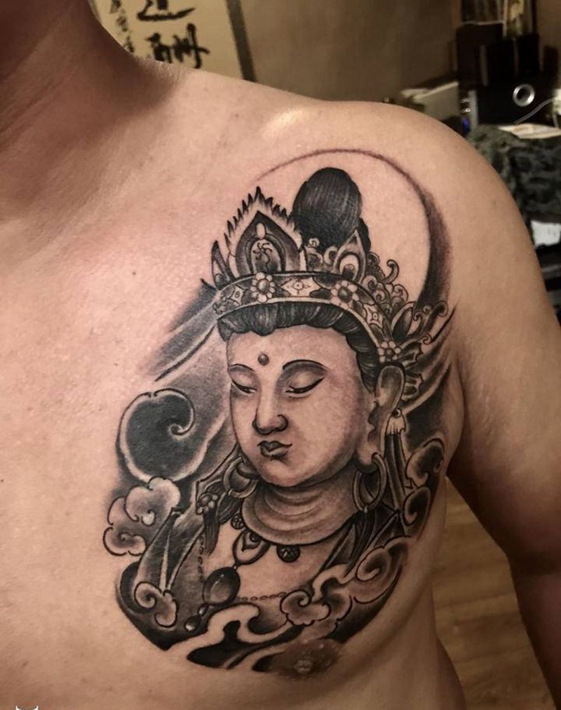 菩萨覆盖图案纹身图片_胸部新传统纹身图案