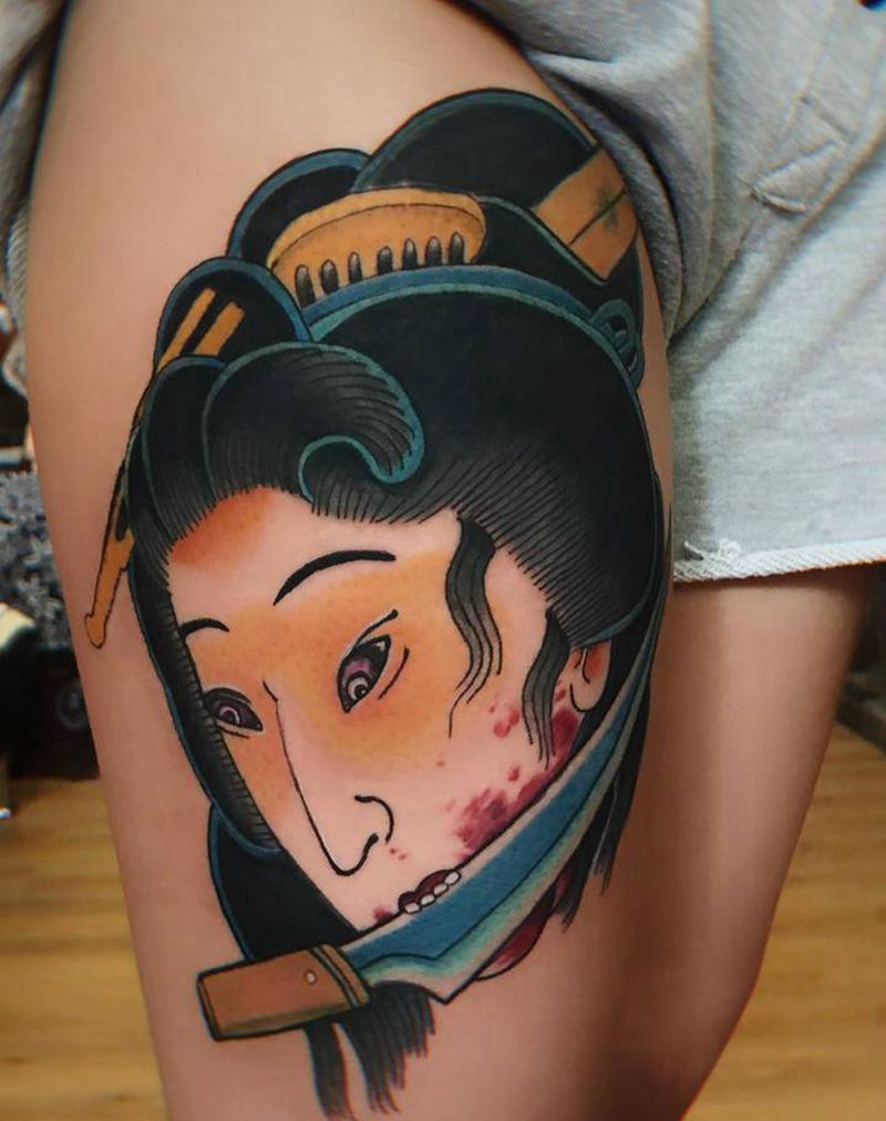 日式艺妓纹身图片_腿部纹身图案