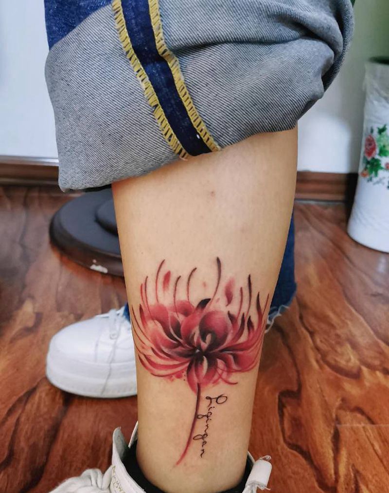 彼岸花纹身图片_腿部老传统纹身图案