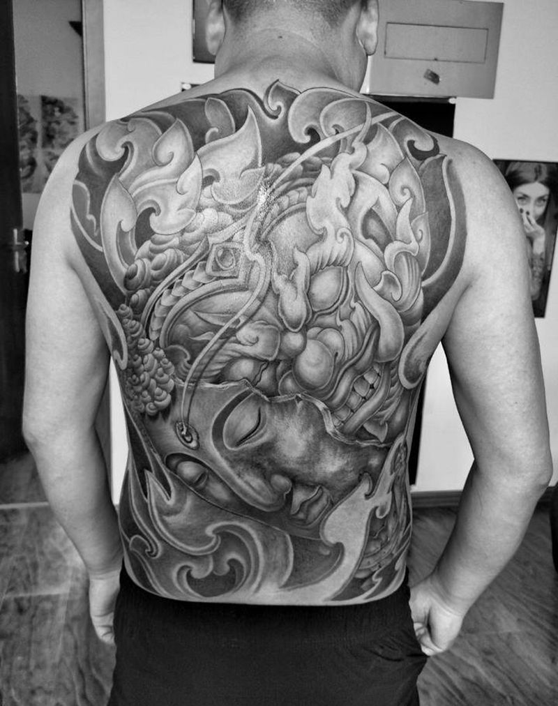 双面佛，善恶纹身图片_背部老传统纹身图案