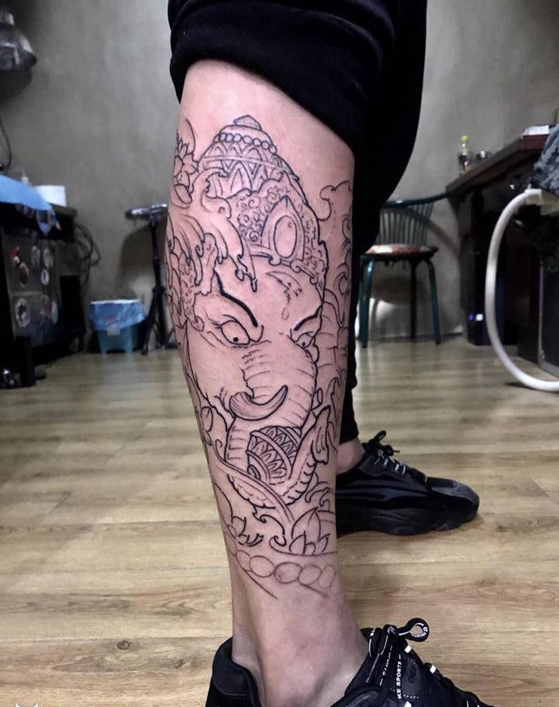 象神线(未完成)纹身图片_腿部纹身图案