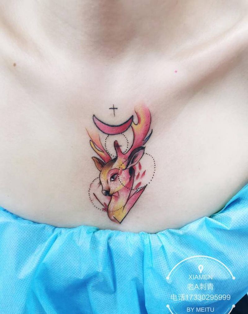 小鹿纹身图片_颈部老传统纹身图案