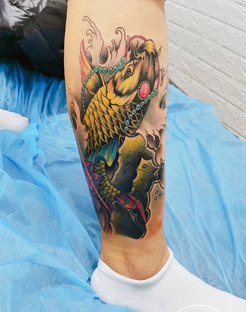 鱼➕遮盖纹身图片_腿部老传统鱼纹身图案