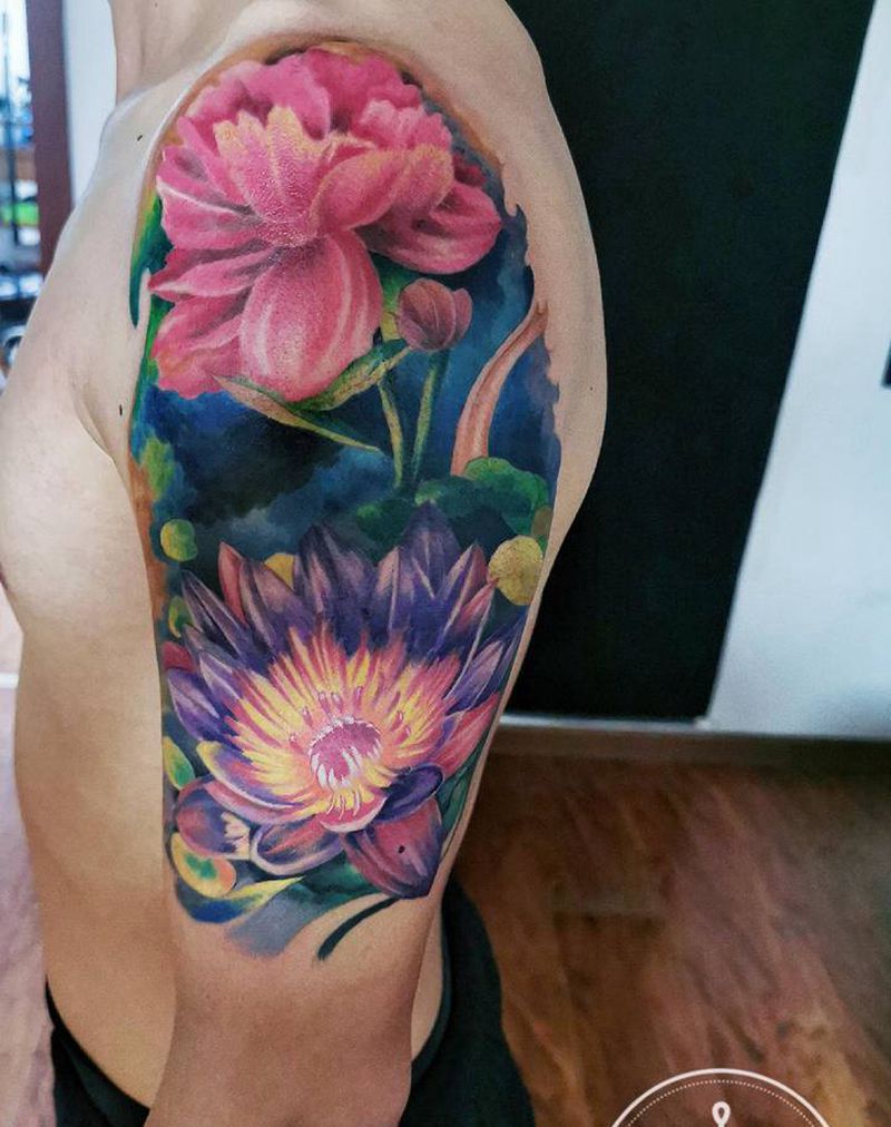 花，油画纹身图片_肩部欧美写实油画纹身图案