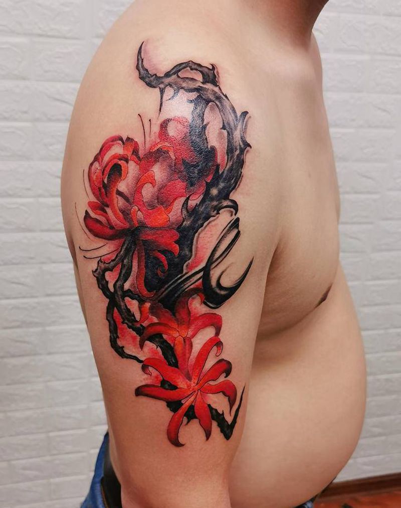 彼岸花纹身图片_手臂老传统彼岸花纹身图案