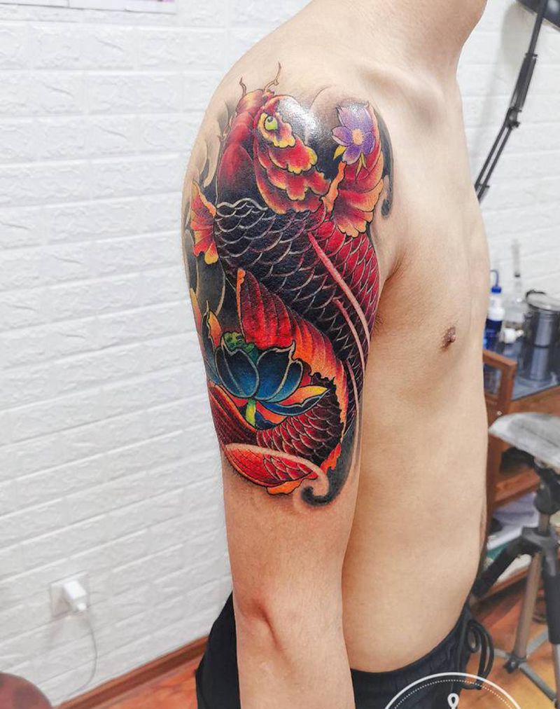 遮盖鱼纹身图片_肩部老传统纹身图案