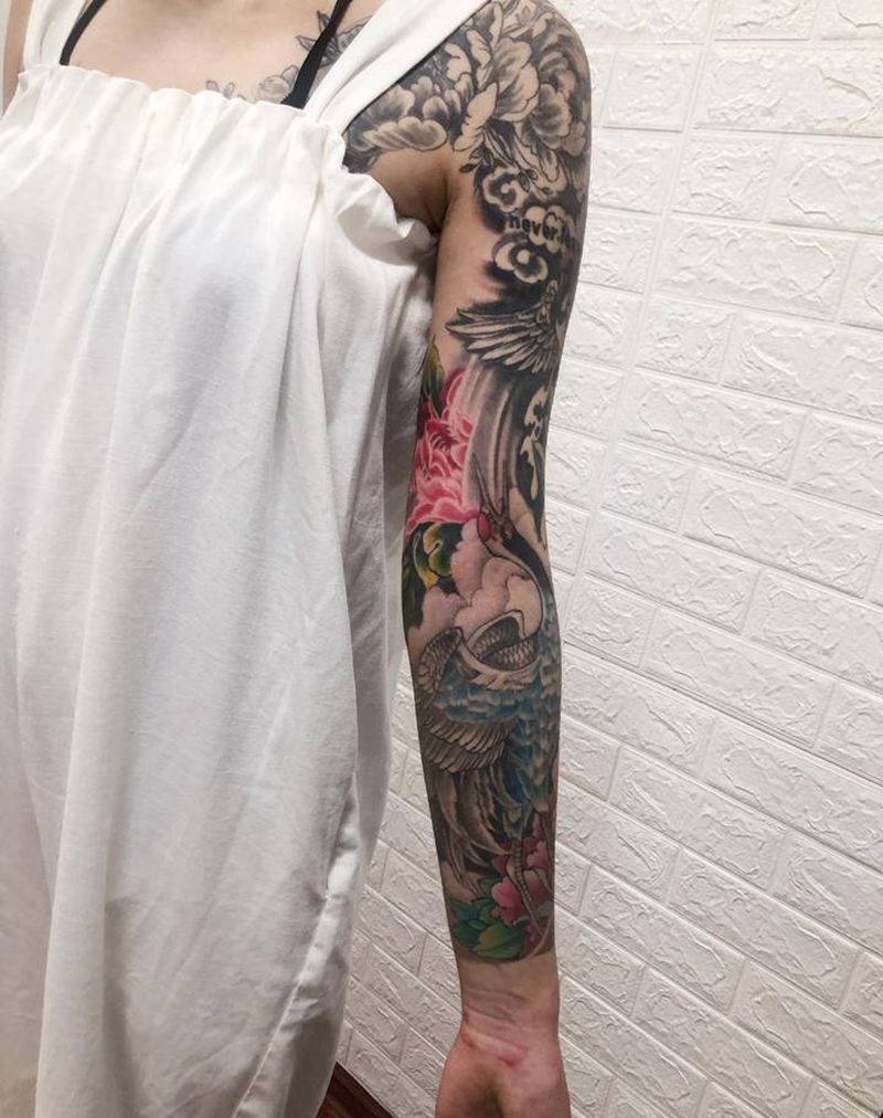 仙鹤纹身图片_手臂老传统纹身图案