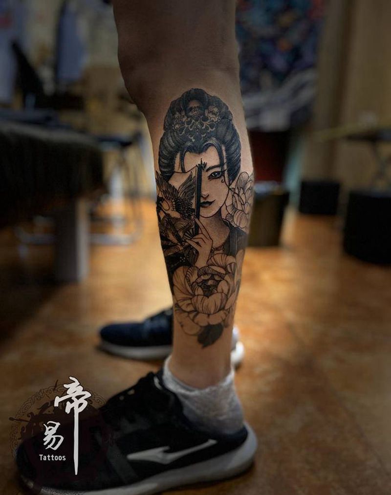 艺伎纹身图片_腿部纹身图案