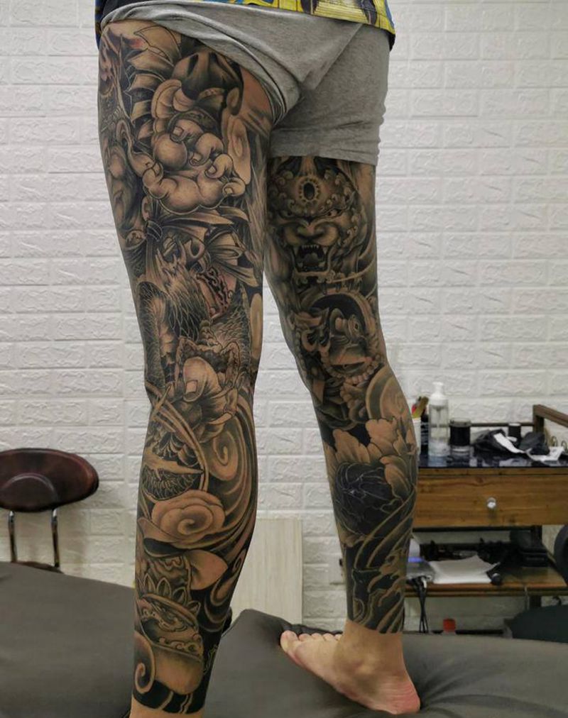 花腿纹身图片_腿部老传统纹身图案