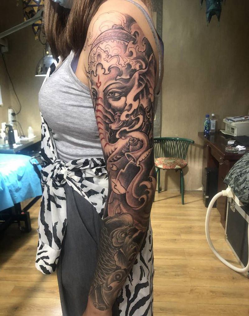 象神花臂纹身图片_手臂纹身图案