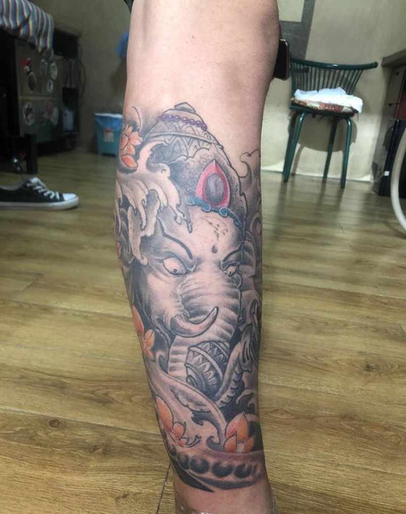 象神纹身图片_腿部纹身图案