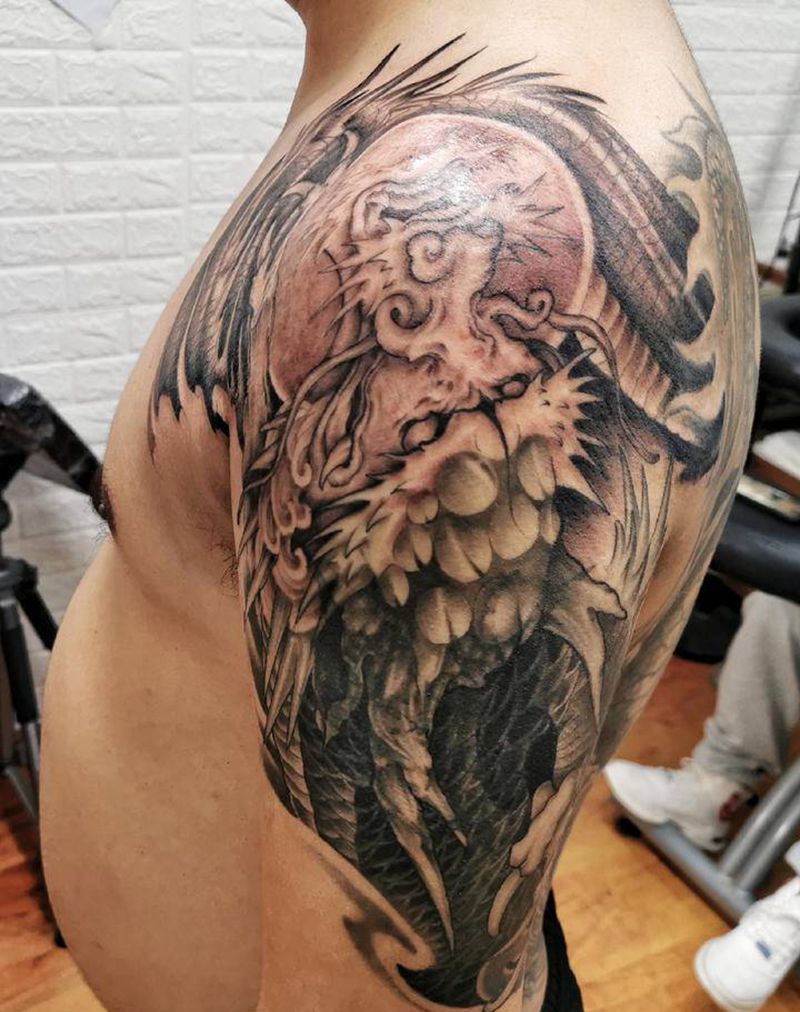 龙纹身图片_肩部老传统龙，遮盖纹身图案