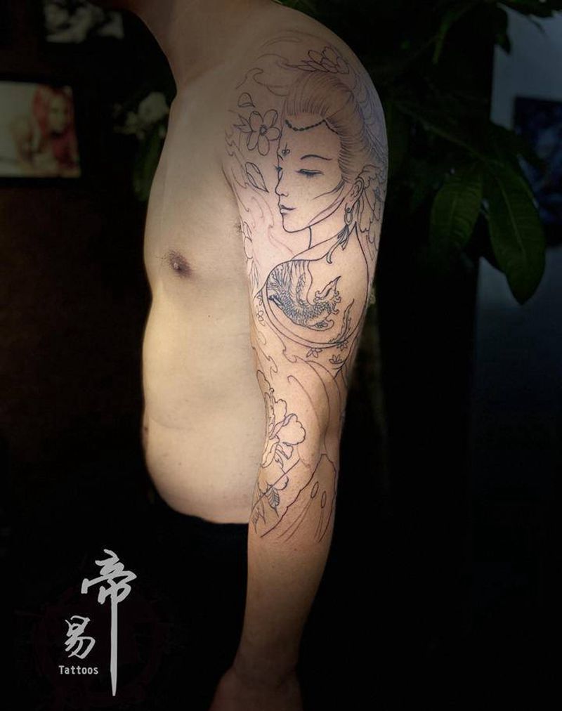 艺伎七分纹身图片_手臂新传统纹身图案