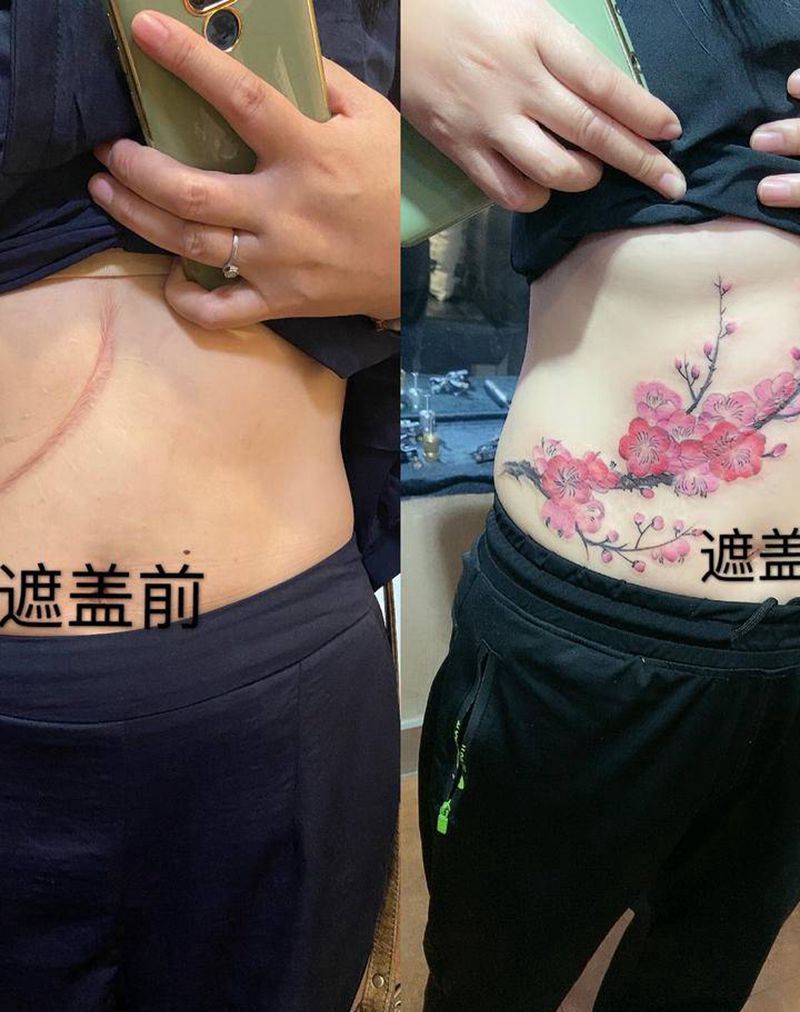 遮盖疤痕纹身图片_腹部水彩纹身图案