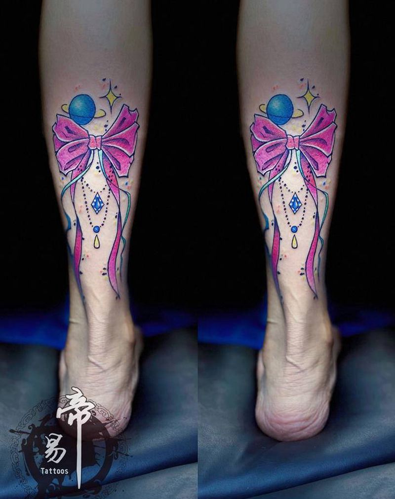 蝴蝶结纹身图片_腿部水彩纹身图案