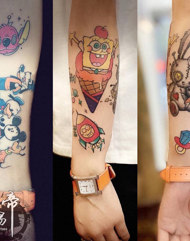 拼接花臂纹身图片_手臂水彩New School纹身图案