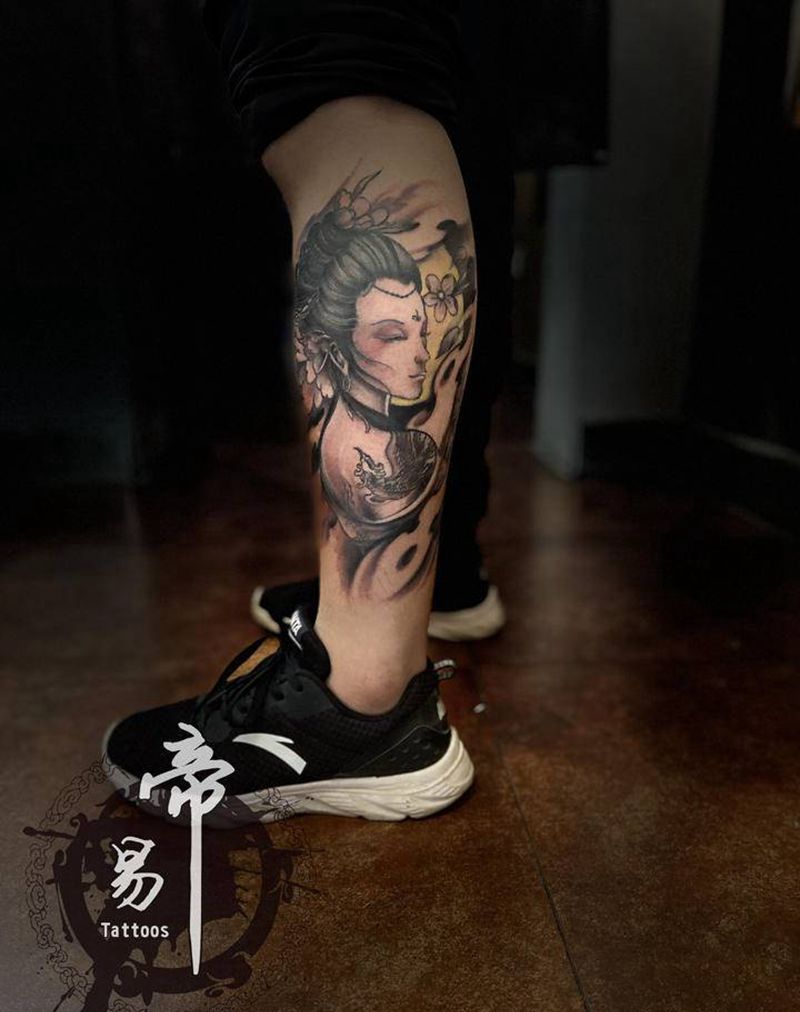 艺伎纹身图片_腿部新传统纹身图案