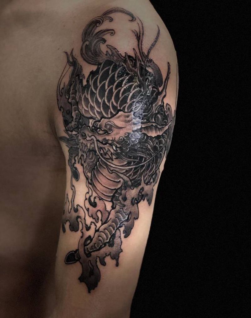 发财麒麟纹身图片_肩部腿部新传统纹身图案