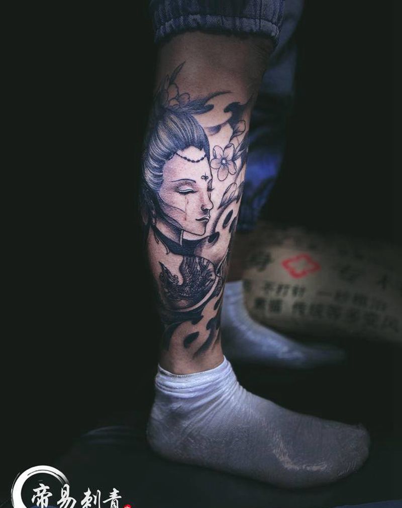 艺伎纹身图片_腿部新传统纹身图案