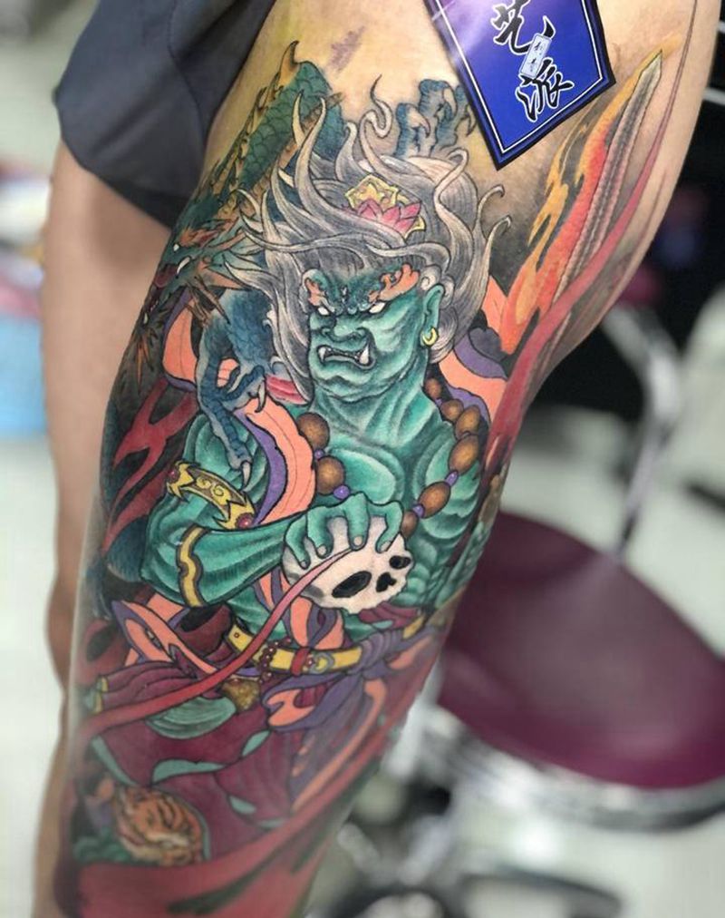 不动明王纹身图片_腿部新传统纹身图案