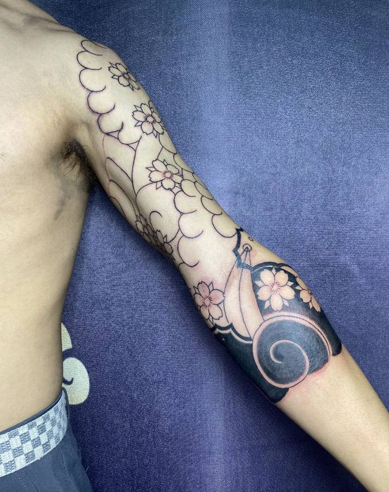 樱花臂纹身图片_手臂老传统纹身图案