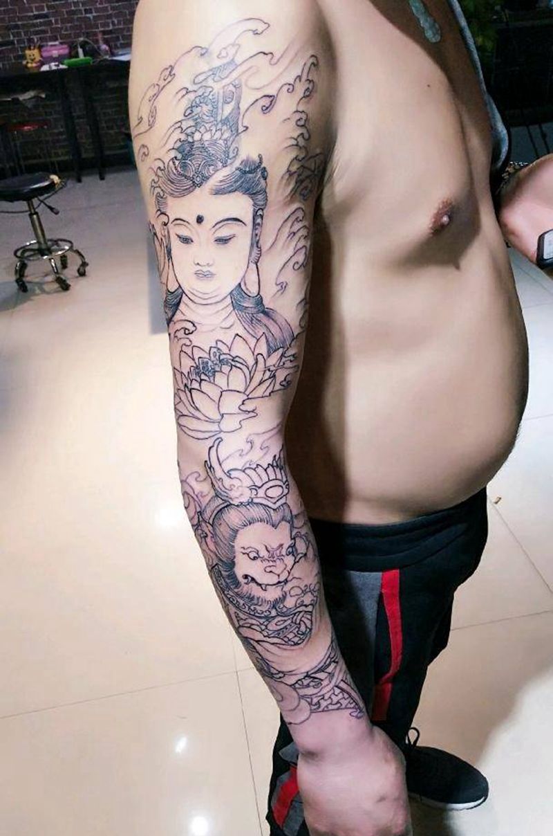 猴子与佛纹身图片_手臂新传统纹身图案