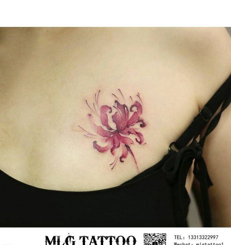 锁骨曼珠沙华纹身图片_颈部水彩纹身图案