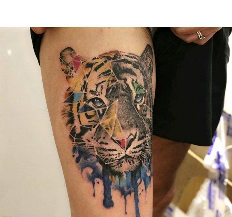 多元素 虎头纹身图片_腿部欧美写实New School纹身图案