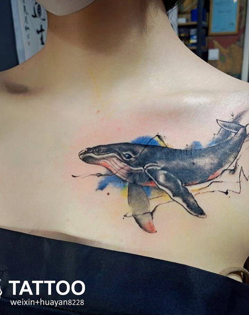 水彩鲸鱼纹身图片_肩部水彩鲸鱼纹身图案