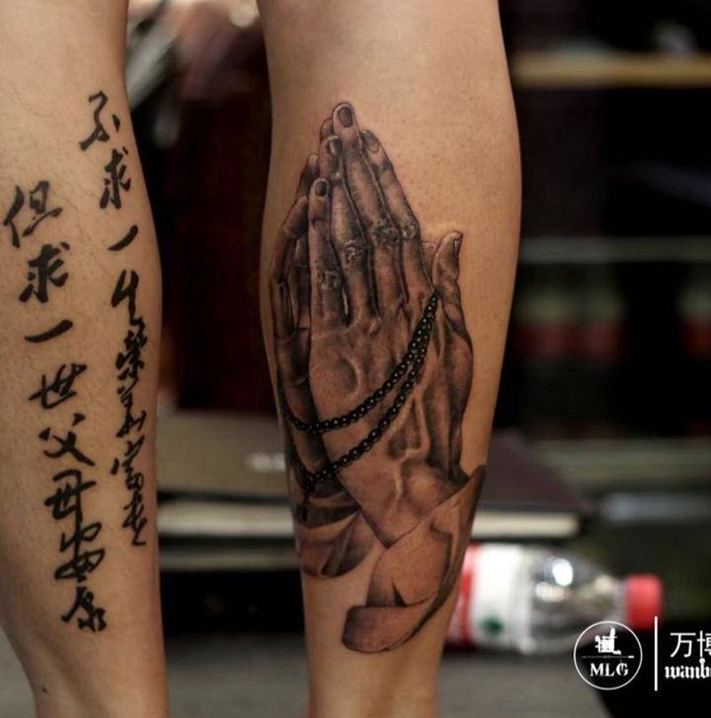 祈祷之手纹身图片_成品脚部欧美传统写实静物宗教原创3D纹身图案