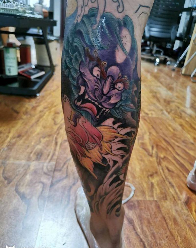 龙包腿纹身图片_腿部老传统龙纹身图案