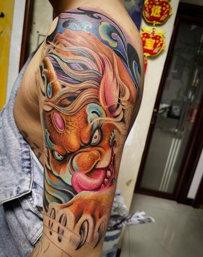 七分花臂 彩色貔貅纹身图片_手臂新传统水彩纹身图案