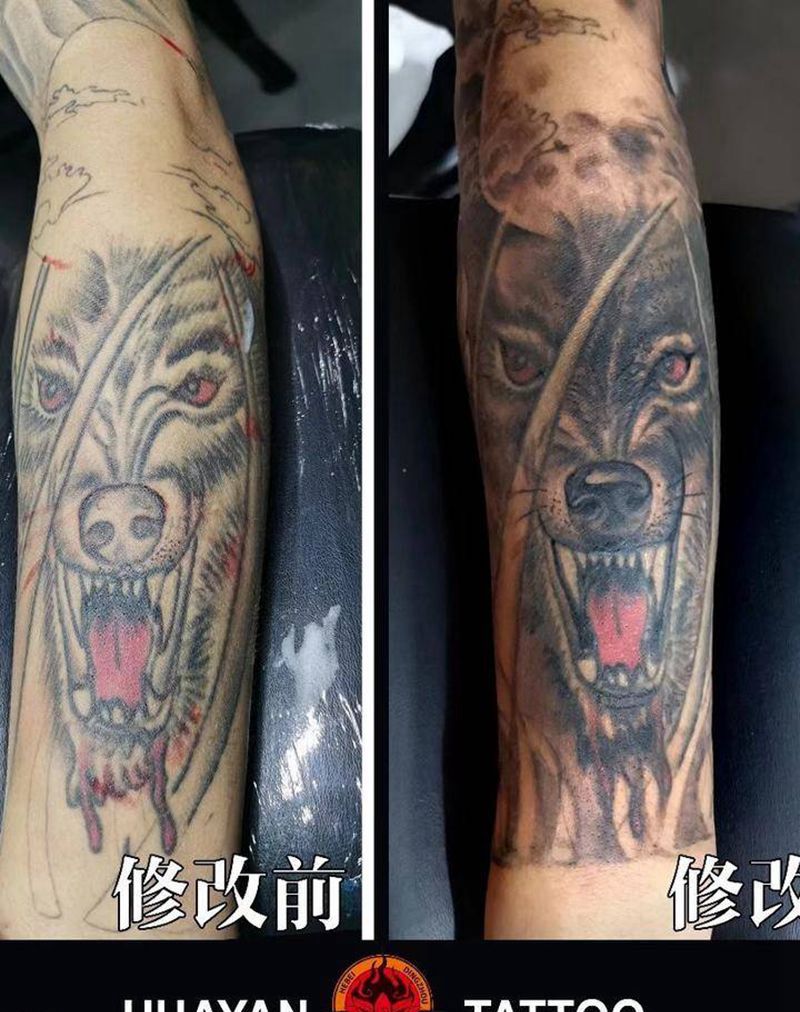 花炎刺青修改案例纹身图片_手臂欧美写实狼纹身图案